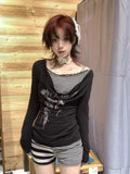 Nukty  Punk Harajuku Striped T Shirts Black Y2K Vintage Gothic Graphic Patchwork Top Grunge Retro Patchwork Street Long Sleeve Tees