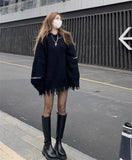 Nukty Distressed Sweater Black Grunge Oversized Fringed Knit Jumper Punk Girl Women's Pullover Autumn Winter