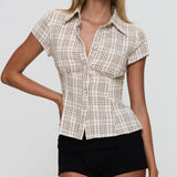 Nukty  Women's Y2K Short Sleeve Plaid Button Down Shirt Button Down Blouses Tops Casual Summer Shirt Tops 90s Streetwear