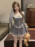 Nukty Y2K Sweet Knitted Skirt Suits Long Sleeves Lace Patchwork Bow Lace-up Princess Tops + Pleat Mini Skirt Womens Two Pieces Set New