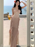 Nukty Sexy Spaghetti Strap Ruffle Slim Evening Long Dresses Elegant Fairy Beach Woman Clothing  Summer Holiday Vestidos Cocktail Robe