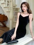 Nukty Elegant Women Black Backless Birthday Velvet Dress Autumn Spaghetti Strap Slim Party Evening Dresses Female Casual Vestidos