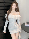 Nukty Sweet Sexy Lace Trimmed Strapless Dress Polka Dot Design Off Shoulder Slim Fit Girls Short Wrapped Buttocks Vestidos
