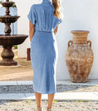 Nukty Summer For Women's Denim Blue Shirt Dress Vintage Fashion Button Lapel Wrinkle Lace Up Slim Elegant Female Denim Mid Long Dress
