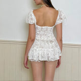 Nukty Sexy Hollow out Printed Short Sleeve Mini Dress Y2K Summer Square Neck Lace Backless Slim Fit Dress Party Evening Dress