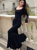 Nukty Autumn Sexy Black Mermaid Party Dress for Women Square Collar Long Sleeve Slim Bodycon Vestidos Elegant Streetwear Long Robe