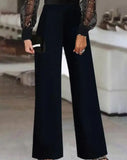 Nukty Elegant Women's Jumpsuit Autumn Fashion Contrast Mesh Long Sleeve Plain V-Neck Party Long Jumpsuit