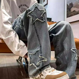 Nukty Stars Patchwork Men Jeans New Fashion Y2K Tassel Pants Korea Clothes Straight Hip Hop Splicing Trousers Male Streetwear