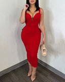 Nukty Sexy Plunge Ruffle Dresses for Women Elegant Thick Straps Deep V Neck Bow Decoration Backless Midi Sexy Formal Party Dress