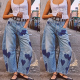 Nukty Jeans Women Print Long Pants Casual Loose Denim Blue Mom Heart Mid Waist Wide Leg Pant Trousers Pocket Button Y2k Splice