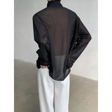 Nukty Sexy Perspective High-neck Long Sleeve T Shirt Men Women Net Yarn Bottoming Shirt Spring Summer Transparent Black Tee Shirts