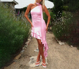 Nukty Stylish Skirt Sexy Waist Bag Hip Skirt Flutter Shoulder Slant Satin New Dress