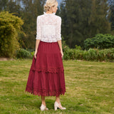 Nukty Women Renaissance Skirts Lace Hem Tiered Skirt Elastic Waist A-Line Maxi Skirt Club Party Vintage Steampunk Casual Skirt