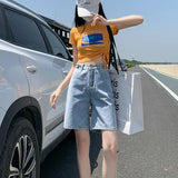 Nukty Summer New Korea Fashion Loose Women Jeans Shorts Purple Pink High Waist Straight Pockets Female Wide Short Pants