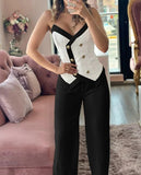 Nukty Two Piece Set Women Outfit Summer Fashion Double Breasted Chain Strap V-Neck Cami Top & Casual Daily Straight Leg Pants Set