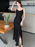 Nukty Elegant Solid Satin Womens Dresses French Spaghetti Strap Swinging Collar Bodycon Evening Party Dress Korean Split Vestidos Robe
