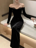 Nukty Sexy Bodycon Long Dresses for Women Autumn Evening Party Prom Robe Wedding Velvet Dress Lace Patchwork Slash Neck Slim Vestidos