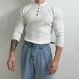 Nukty Autumn Clothing Men's Knit Henry Collar Pullover Sweater Luxury Vintage Button-down Long Sleeve Casual Streetwear Basic Shirts