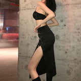 Nukty Black Split Midi Skirts Women Aesthetic Skinny Ruched Gothic Punk Clothes Autumn Winter Outfits High Waist Party Long Skirt