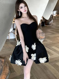 Nukty Spring Summer Elegant Chic French Strapless Women's Dresses Black Backless Slim Fit Wasit Spliced Ball Gown Dress Party