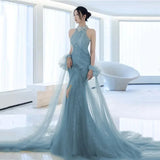 Nukty Evening Party Dress Women's Sleeveless Pearl Halter Elegant Dubai Banquet Gown Elegant Ladies Prom Dresses for Women Vestidos