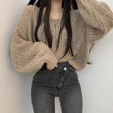 Nukty FALL OUTFITS Autumn Women Hollow Out Solid Sweater Lantern Sleeve O-Neck Knitted Pullovers For Women Winter Casual Loose Sweater