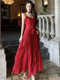 Nukty Vintage Red Ruffles Party Dress for Women French Style Elegant Wedding Evening Dresses Summer Female Prom Slim A-Line Vestidos