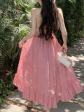 Nukty Sweet Ruffles Birthday Party Midi Dress Elegant Halter Spaghetti Strap Princess Evening Dresses Summer A-line Casual Vestidos