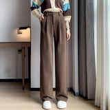 Nukty Autumn Winter Woolen Women's Wide Leg Pants New High Waist Button Vintage Korean Casual Loose Trousers Female