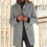 Nukty Women Vintage Solid Color Stand-up Collar Tweed Jacket Autumn Winter Warm Commuter Outerwear Single-breasted Cardigan Long Coat