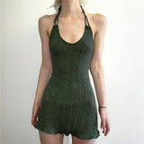 Nukty  American Low Cut Halter Neck Dress Women Summer Sexy Backless Green Mini Dress Y2K Fashion Lace Up Sleeveless A Line Dress