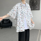 Nukty Summer Butterfly Tassel Splice Shirt Men Loose Casual Floral Short Sleeve Shirts Women Oversize Streetwear Boy Girl Blouses