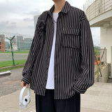 Nukty Autumn New Striped Shirt Handsome Long Sleeve Pocket Design Men's Clothing Button Loose Streetwear Casual Korean 2024 Autumn