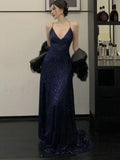 Nukty DRESS TO IMPRESS Sexy Backless Evening Party Long Dresses for Women V-Neck Split Slim Spring Summer Luxury Sequins Prom Robe Birthday Vestido New