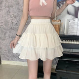 Nukty White Ruffles Mini Skirt Women Kawaii Elastic Waist A-line Loose Preppy Style Cute Short Pleated Skirt Korean Fashion