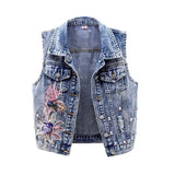 Nukty 2024 Student Vest Slim Short Jacket Embroidery Flowers Sleeveless Denim Vest Women's Beaded Waistcoat Hole Jeans Vest Coat Girl