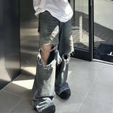 Nukty Frayed Damaged Hole Baggy Wide Leg Jeans for Men and Women Streetwear Casual Ropa Hombre Denim Trousers Oversized Cargo Pants