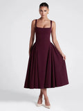 Nukty Women's Elegant Solid High Waist Pleated Long Dress Fashion Square Neck Sleeveless A-line Dresses Vocation Beach Streetwear