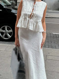 Nukty Elegant White Pleated Vest Maxi Skirts Sets Fashion Round Neck Lace-up Puff Hem Tops Suit New Vocation High Streetwear