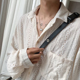 Nukty Shirts for Men Hollow Out Lapel Men Blouse Vacation Sexy Handsome Fashion Men Clothing Mesh Long-sleeved Shirts Black/Apricot