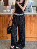 Nukty Fashion Lace Patchwork Women Casual Pants Summer Loose Preppy Bow Print Jogging Pants High Waist All Match Straight Trousers