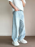 Nukty Korean Fashion Men's Baggy Jeans Light Blue High Street Straight Wide Trousers Personalized Washed Y2k Pants Male