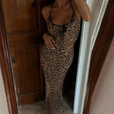 Nukty Women's Summer Top Fashion Classic Leopard Print Straightening Skirt with Hollow Lace Dress