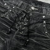 Nukty Y2K Washed Jeans Gothic Retro Micro Flared Double Waisted Lace Up Pants Men Women Streetwear High Quality Design Sense Trousers