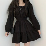 Women Long Sleeve Black Dresses Square Collar A-Line Sweet Vintage Design High Waist Mini Length Soft Korean Elegant