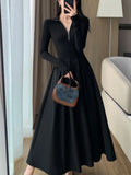 Nukty Vintage Elegant Solid Knitted Midi Dresses Women Korean Casual Long Sleeve Slim A-Line Black Birthday Party Robe Autumn Clothing