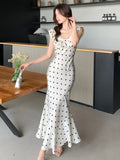 Nukty Summer Dot Ruffles Evening Dresses Elegant Sleeveless Bodycon Mermaid Party Long Dress Korean Slim Waist Vestidos New Outfits
