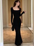Nukty Autumn Sexy Black Mermaid Party Dress for Women Square Collar Long Sleeve Slim Bodycon Vestidos Elegant Streetwear Long Robe