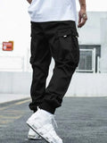 Nukty Men's Cargo Pant Solid Mid-waist Elastic Tooling Trousers Techwear Sweatpants with Flap Pocket Drawstring Beam Feet Pants