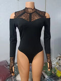 Nukty Jumpsuit Women Summer Fashion Contrast Lace Long Sleeve Sexy Cold Shoulder Plain Skinny Daily Bodysuit